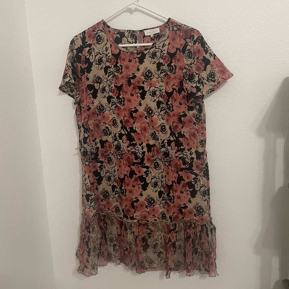 EUC Lucky Brand drop waist mini dress in pink, tan and black floral, size S